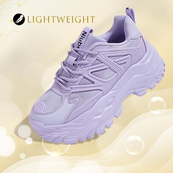 Women's Chunky Sneakers White Black Purple Platform Breathable Casual Lace Up - Picture 4 of 7